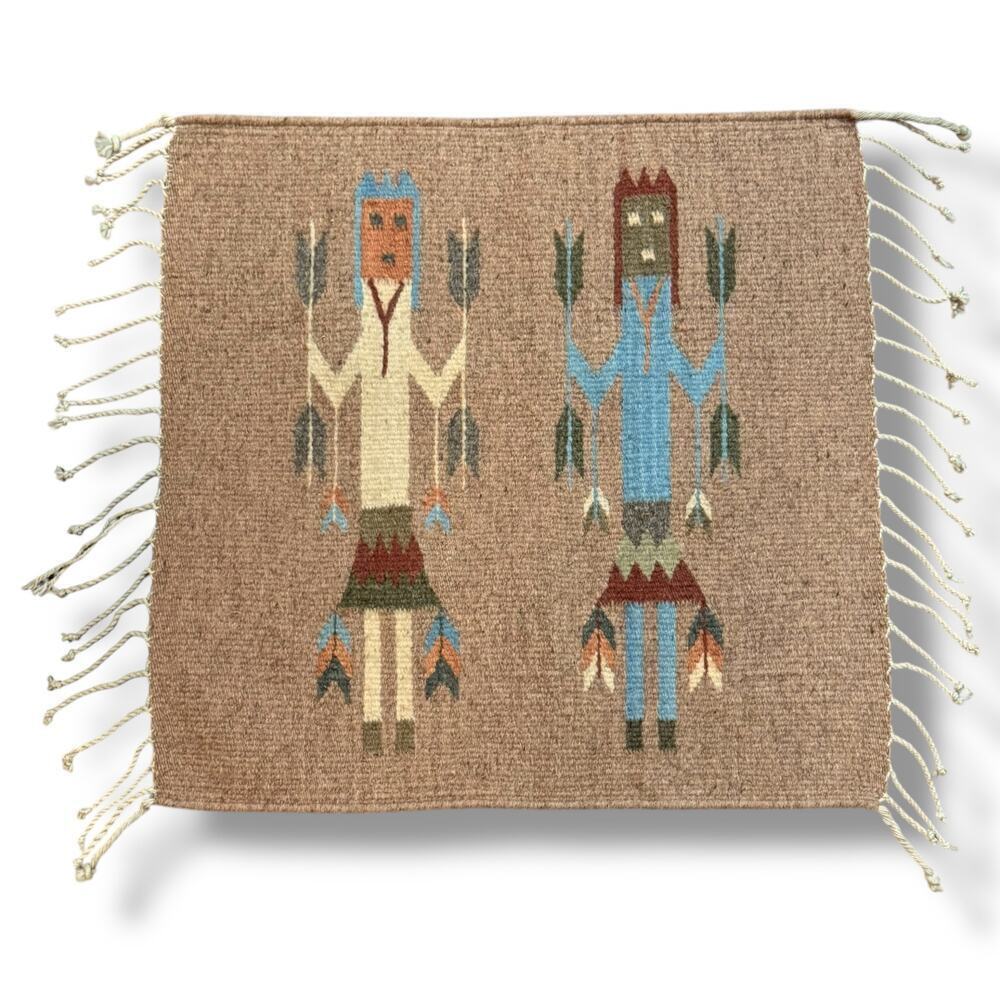 Vintage Yei Figures Corn Stalks Wool Tapestry Rug Tan Handwoven Southwestern 19”
